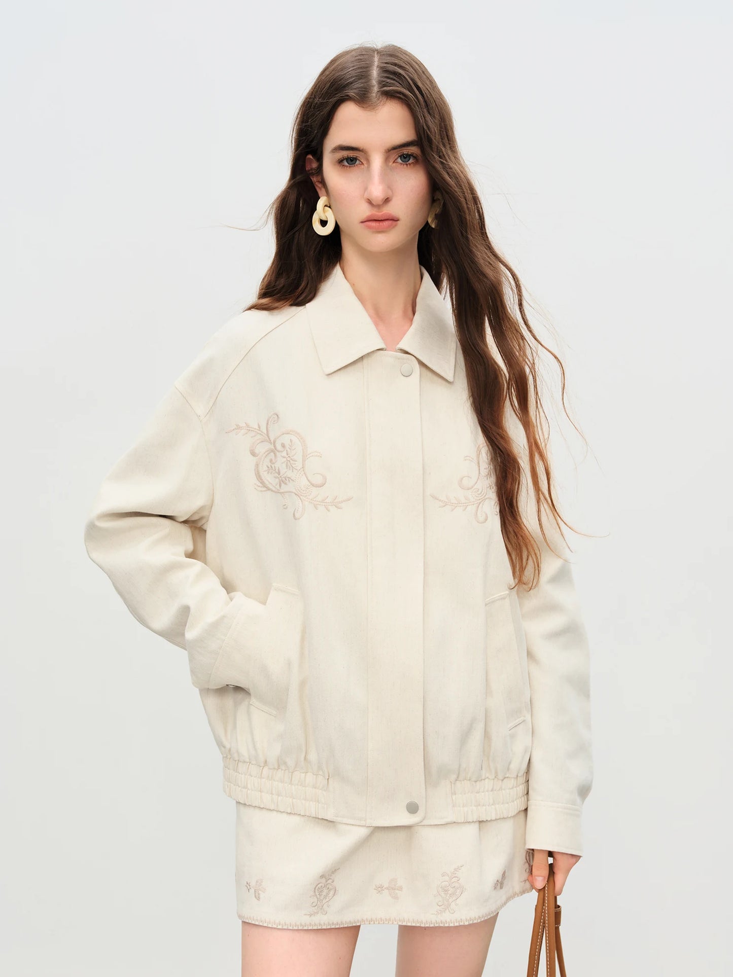 Ivory Embroidered Bomber Jacket