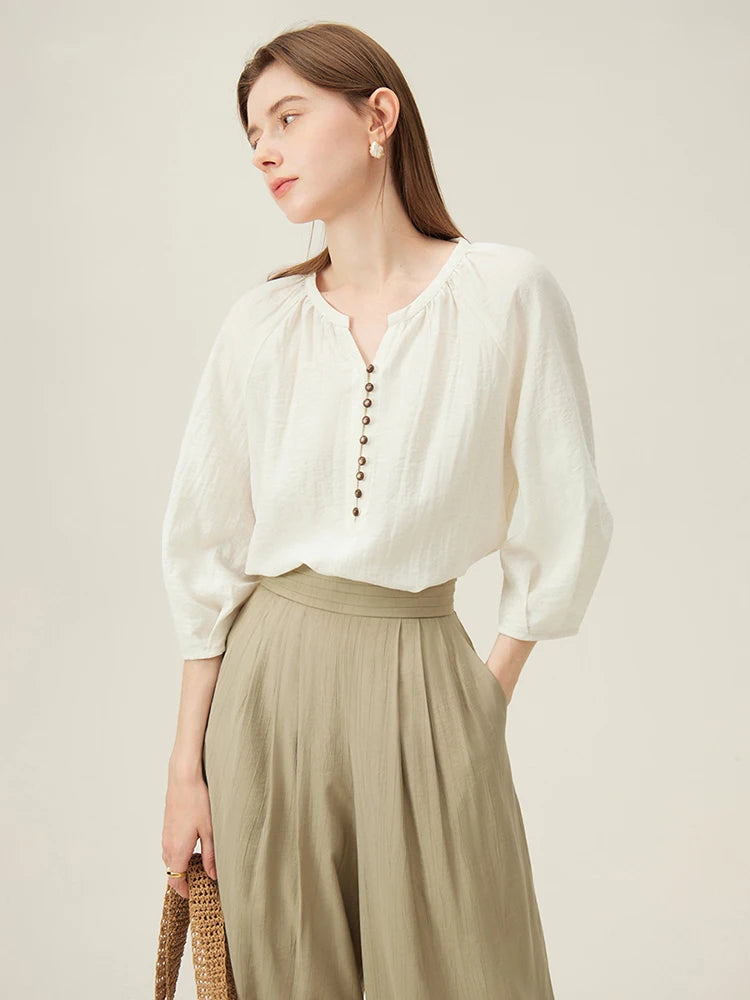 Ivory Button Placket Linen Blouse