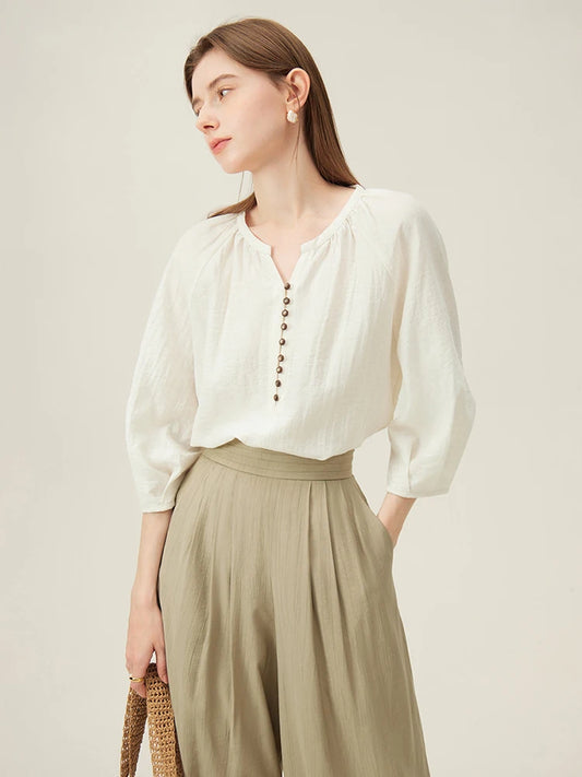 Ivory Button Placket Linen Blouse