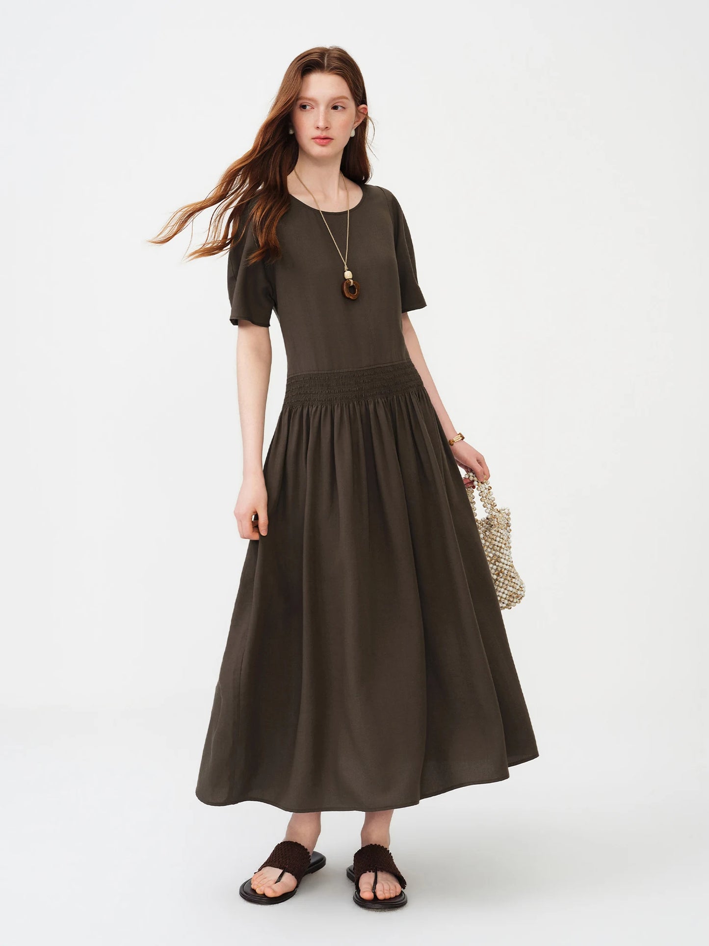 Brown Gathered Waist Maxi Dress