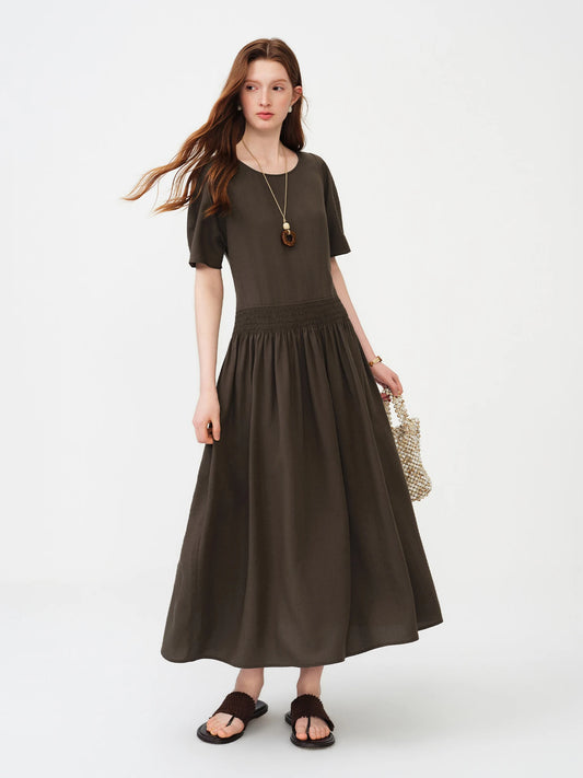 Brown Gathered Waist Maxi Dress