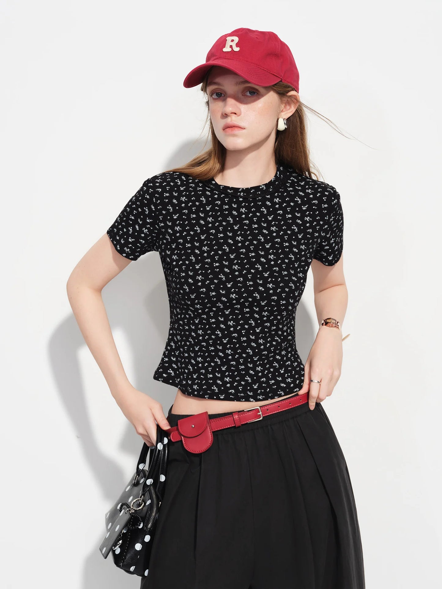 Black Floral Print Fitted Tee