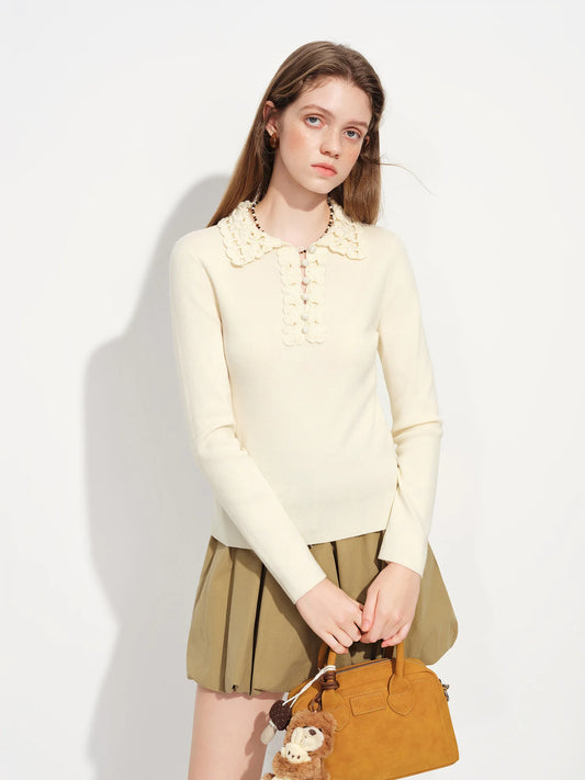 Ivory Beaded Polo Knit Sweater