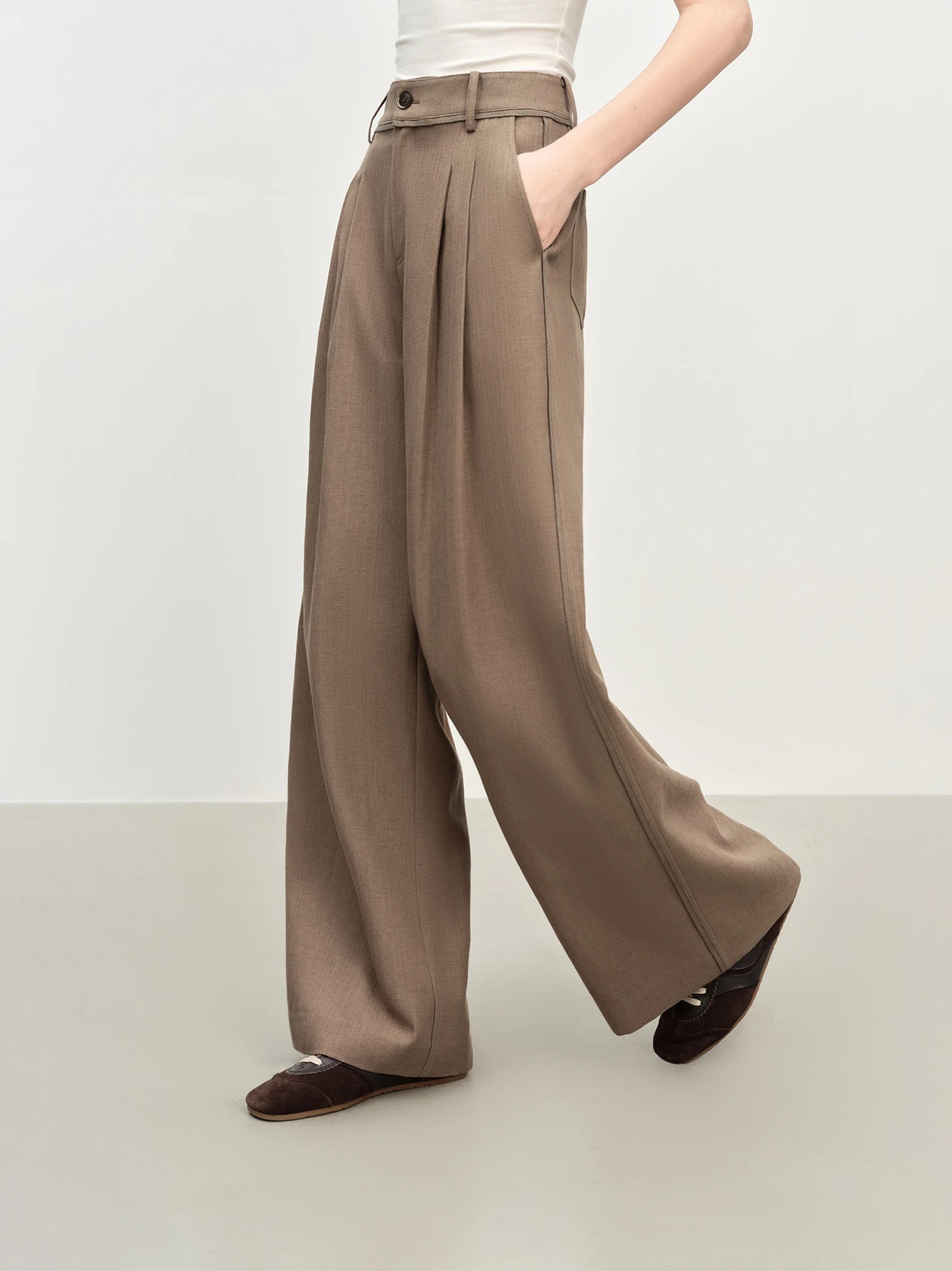 Brown Pleated Wide Leg Trousers