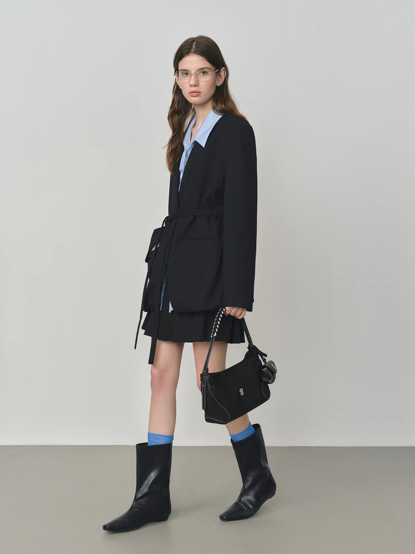 Navy Belted Collarless Blazer