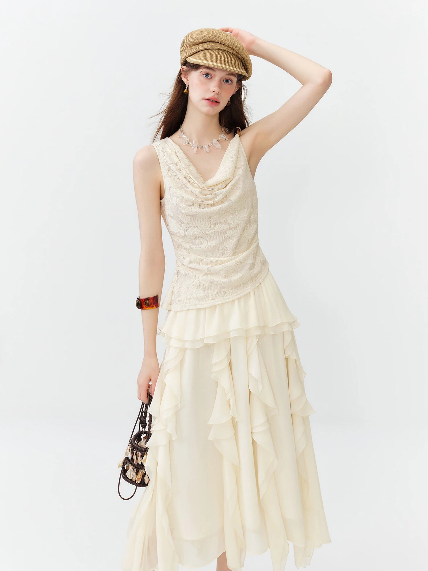 Ivory Draped Lace Sleeveless Top