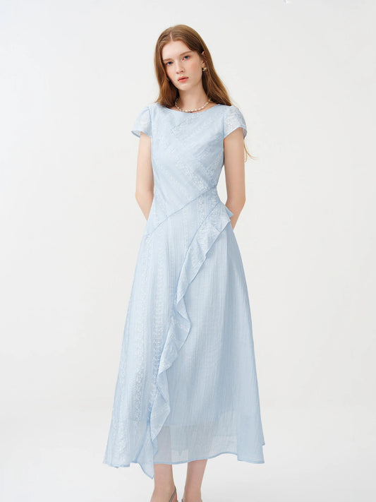 Pale Blue Asymmetric Ruffle Midi Dress
