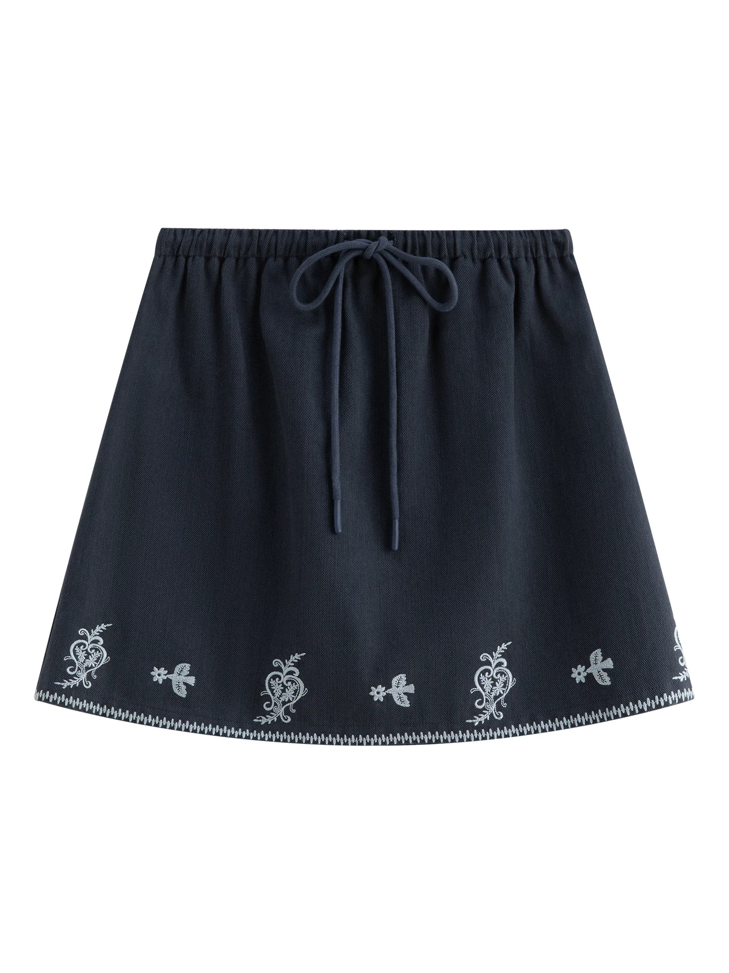 Ivory Embroidered Drawstring Mini Skirt