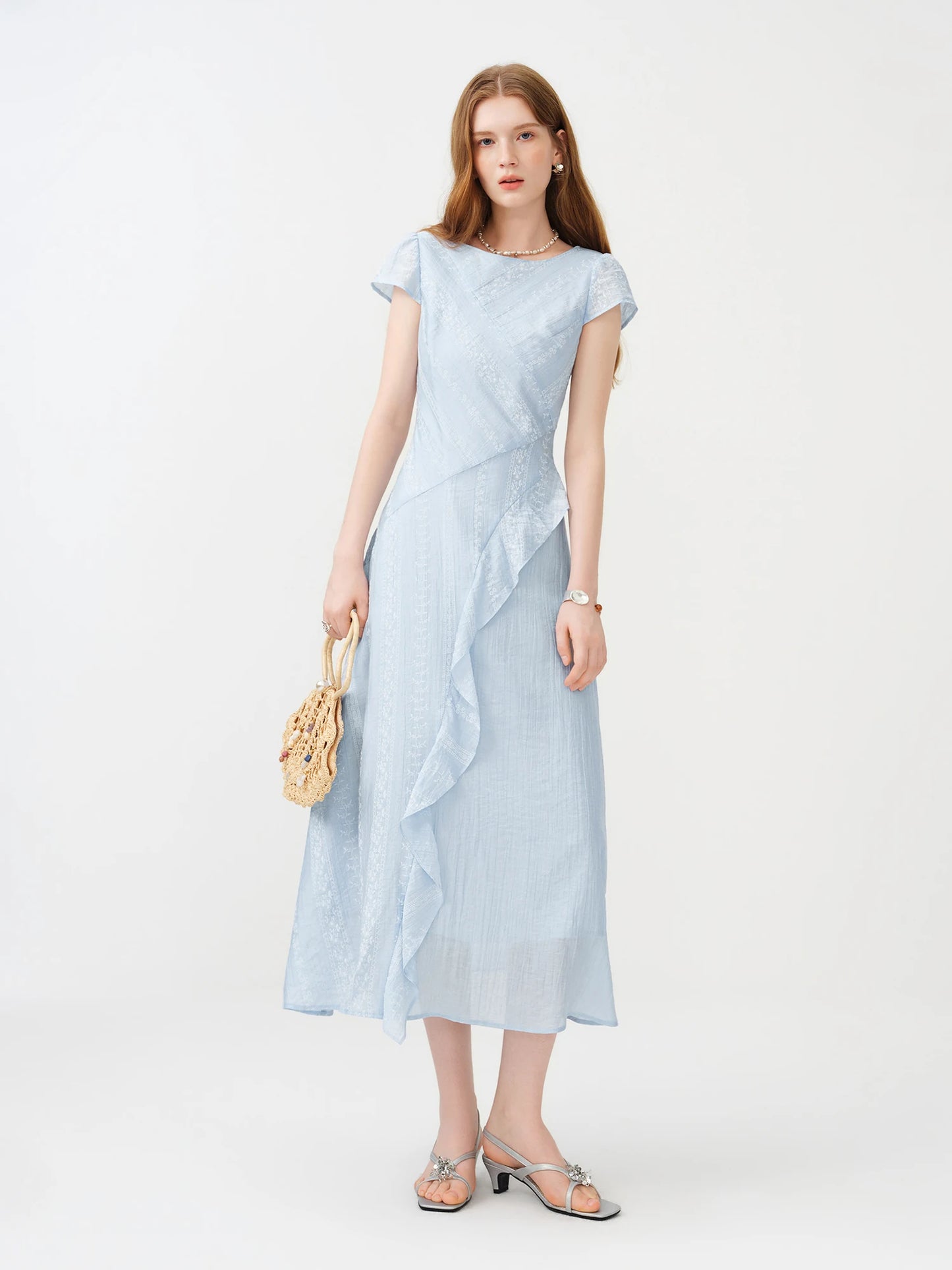 Pale Blue Asymmetric Ruffle Midi Dress