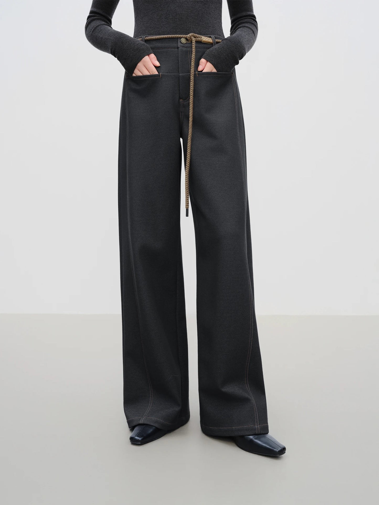 Black Belted Wide Leg Jeans