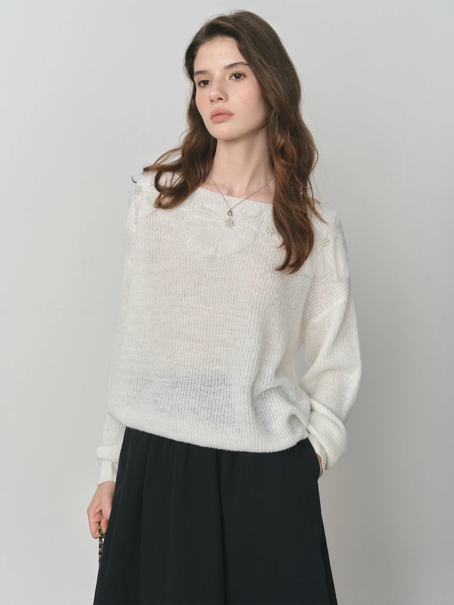 Ivory Pearl Floral Knit Sweater