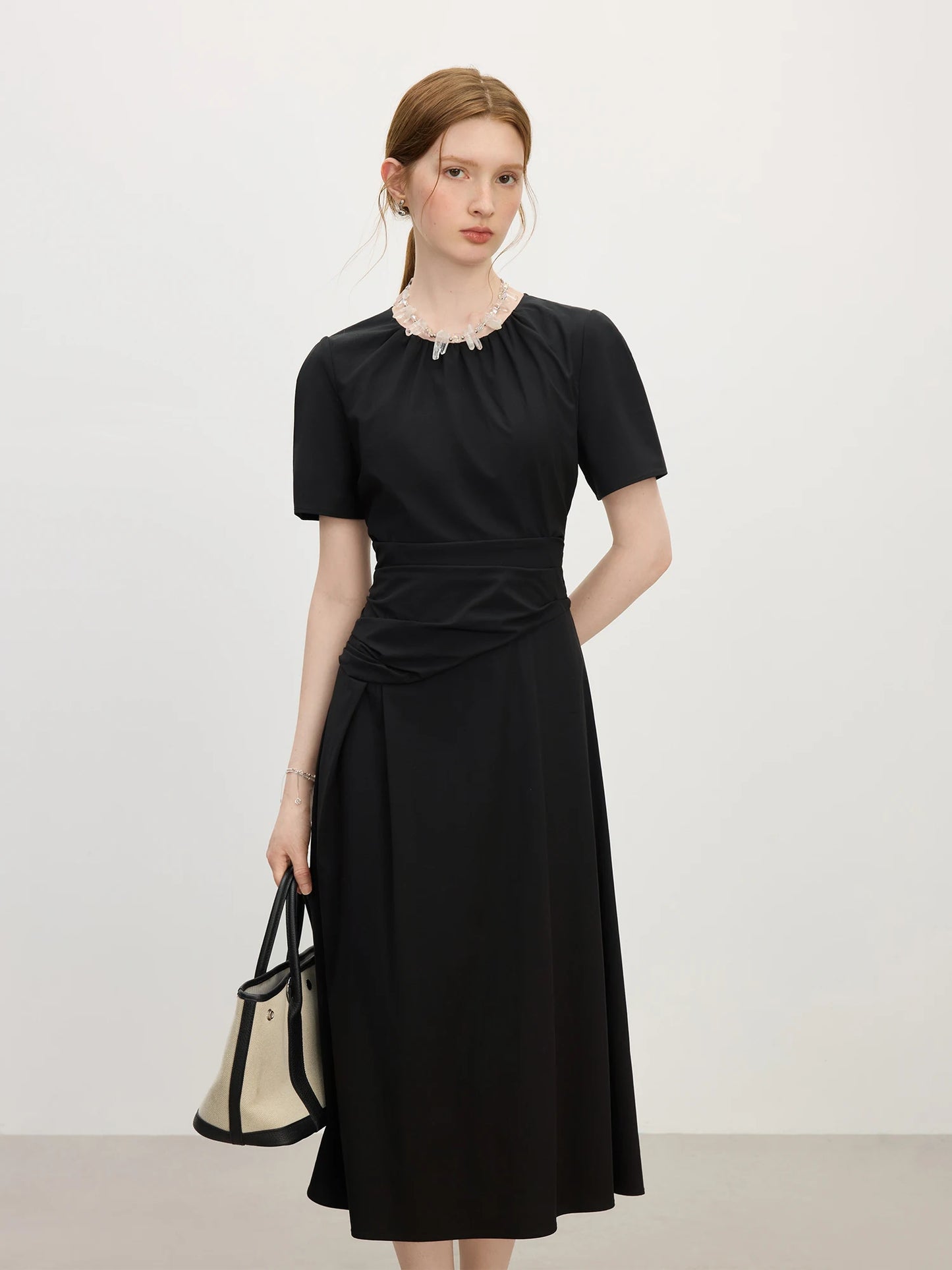 Black Draped Waist Short Sleeve Mini Dress