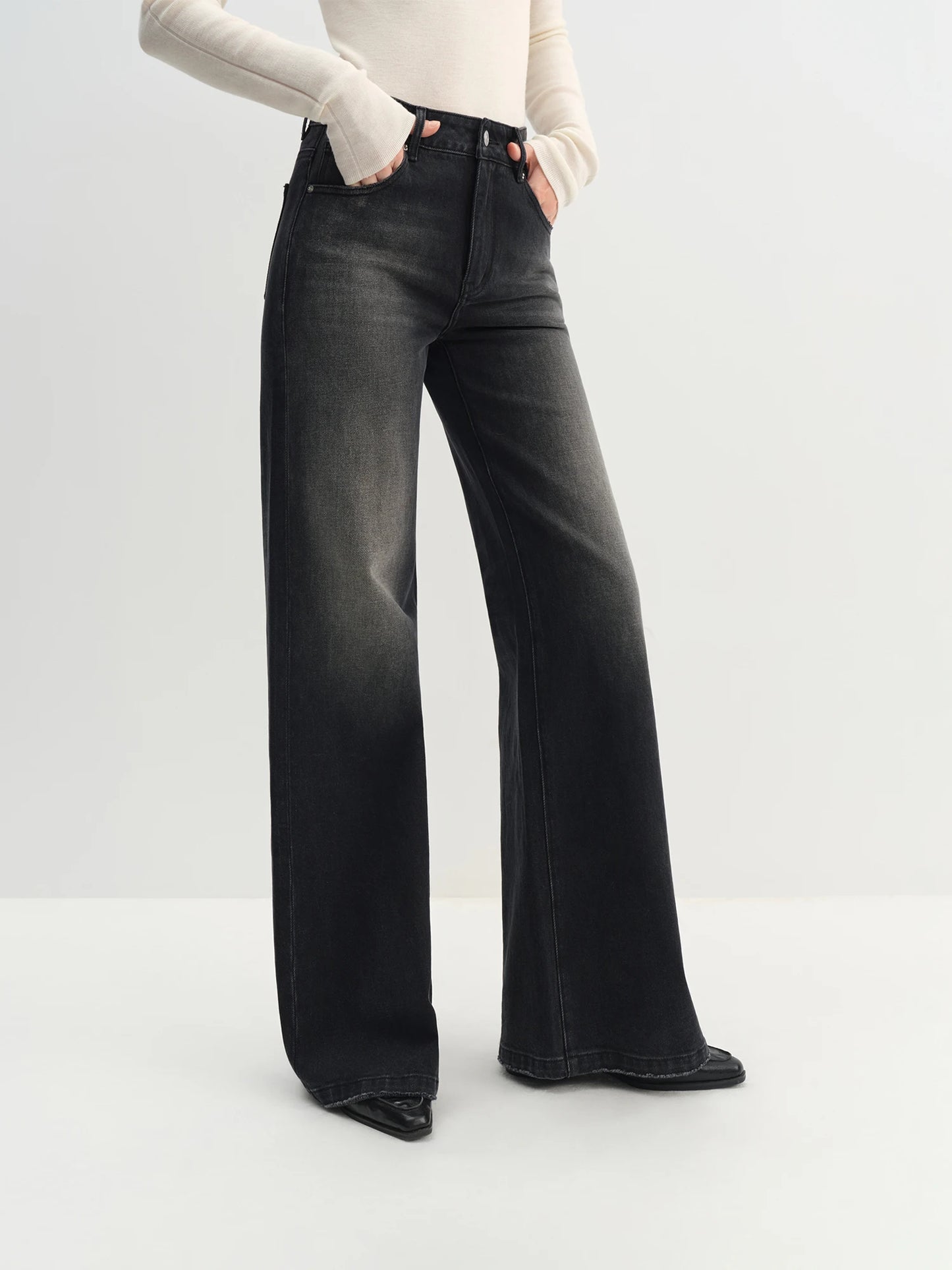 Black Wash Flared Wide Leg Jeans