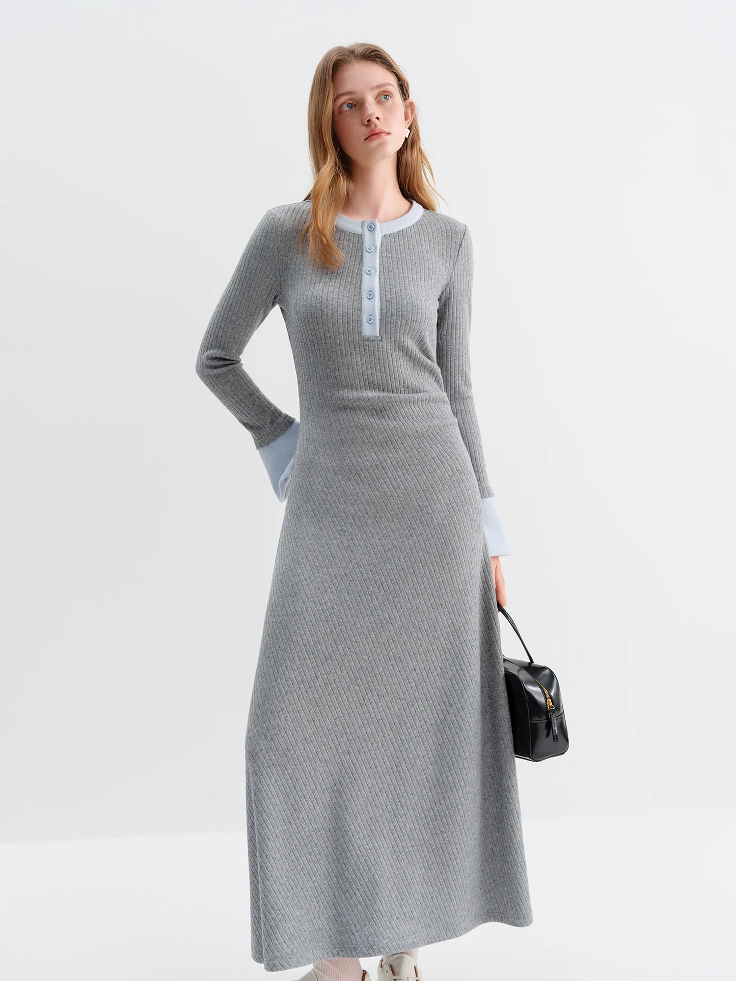 Grey Henley Knit Maxi Dress