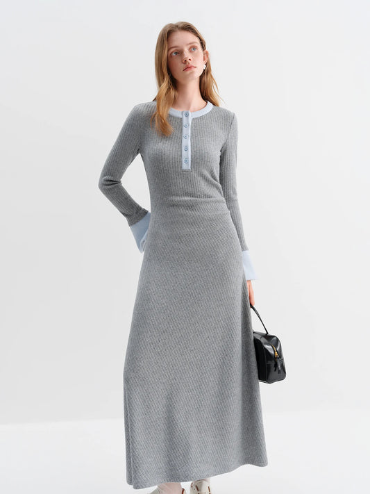 Grey Henley Knit Maxi Dress