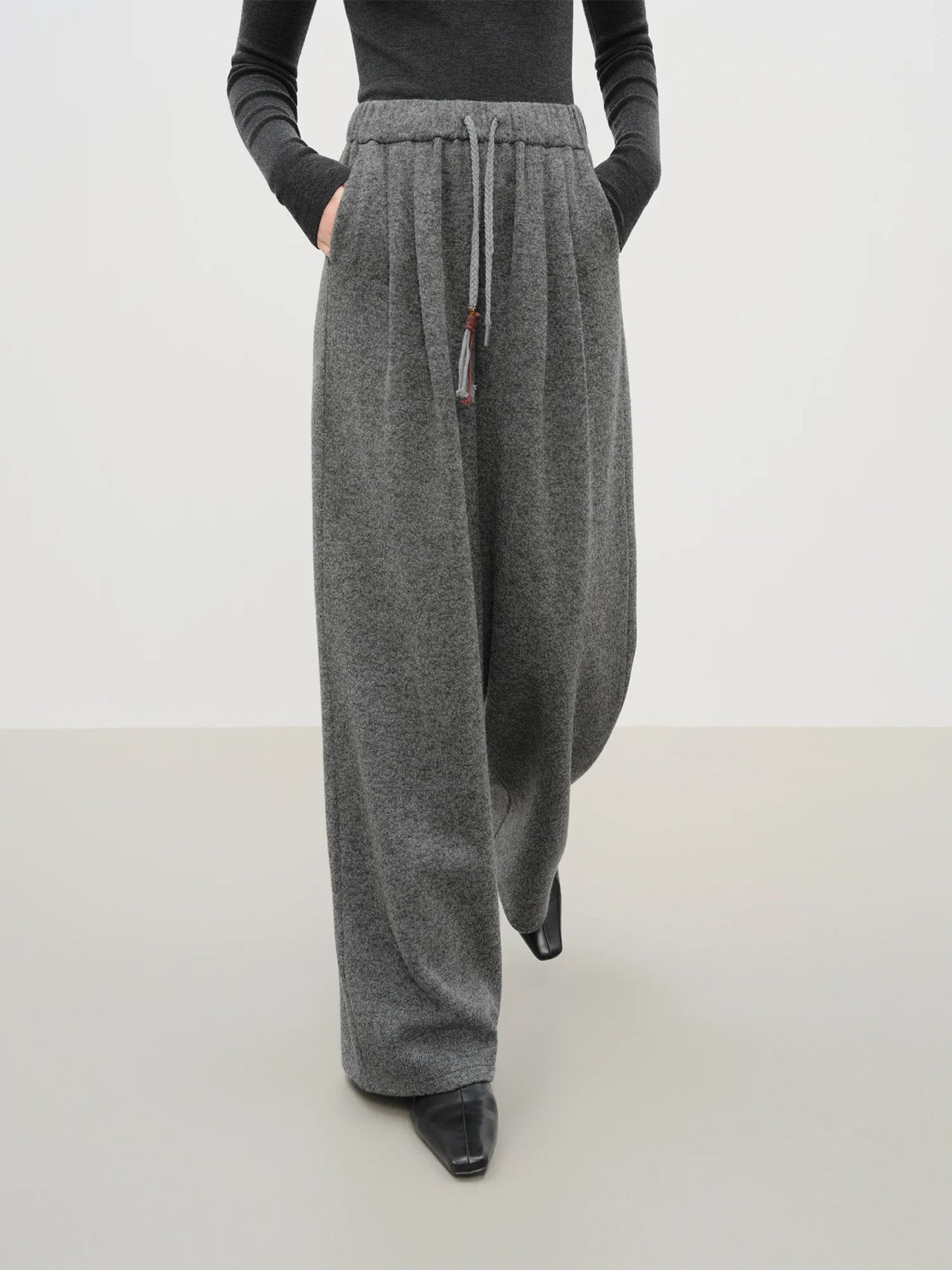 Charcoal Drawstring Wool Wide Leg Pants