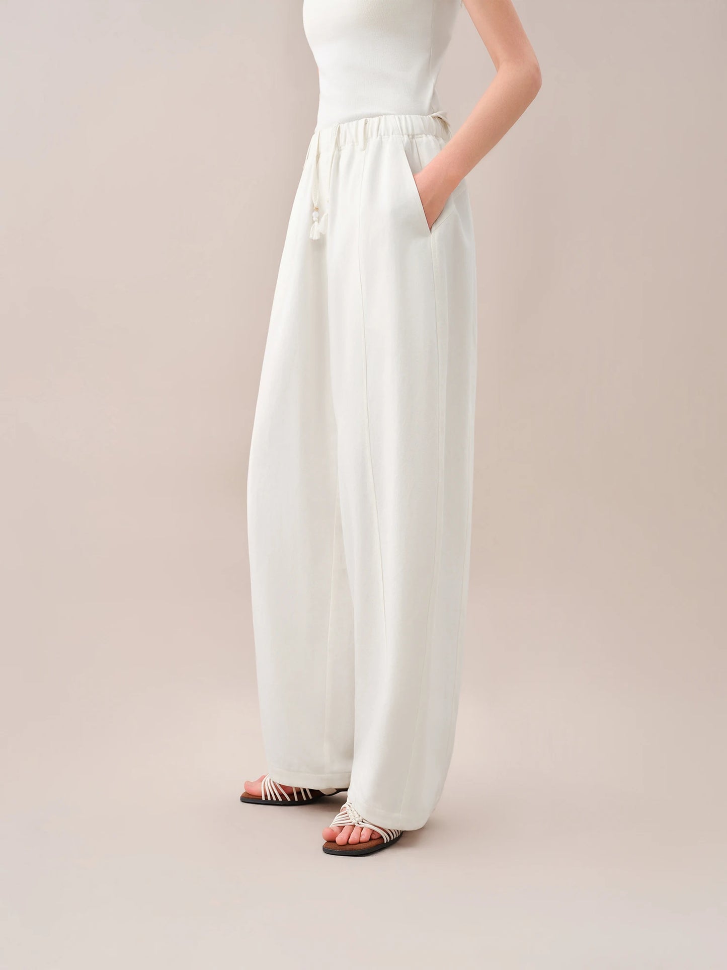 Brown Elastic Waist Wide Leg Pants