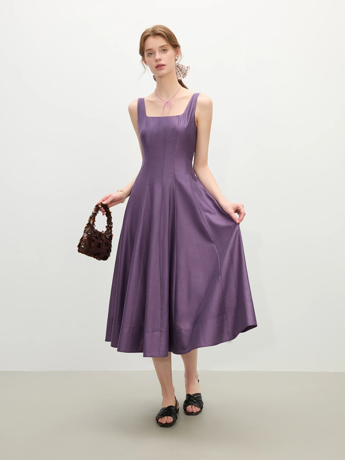 Purple Square Neck A-Line Midi Dress