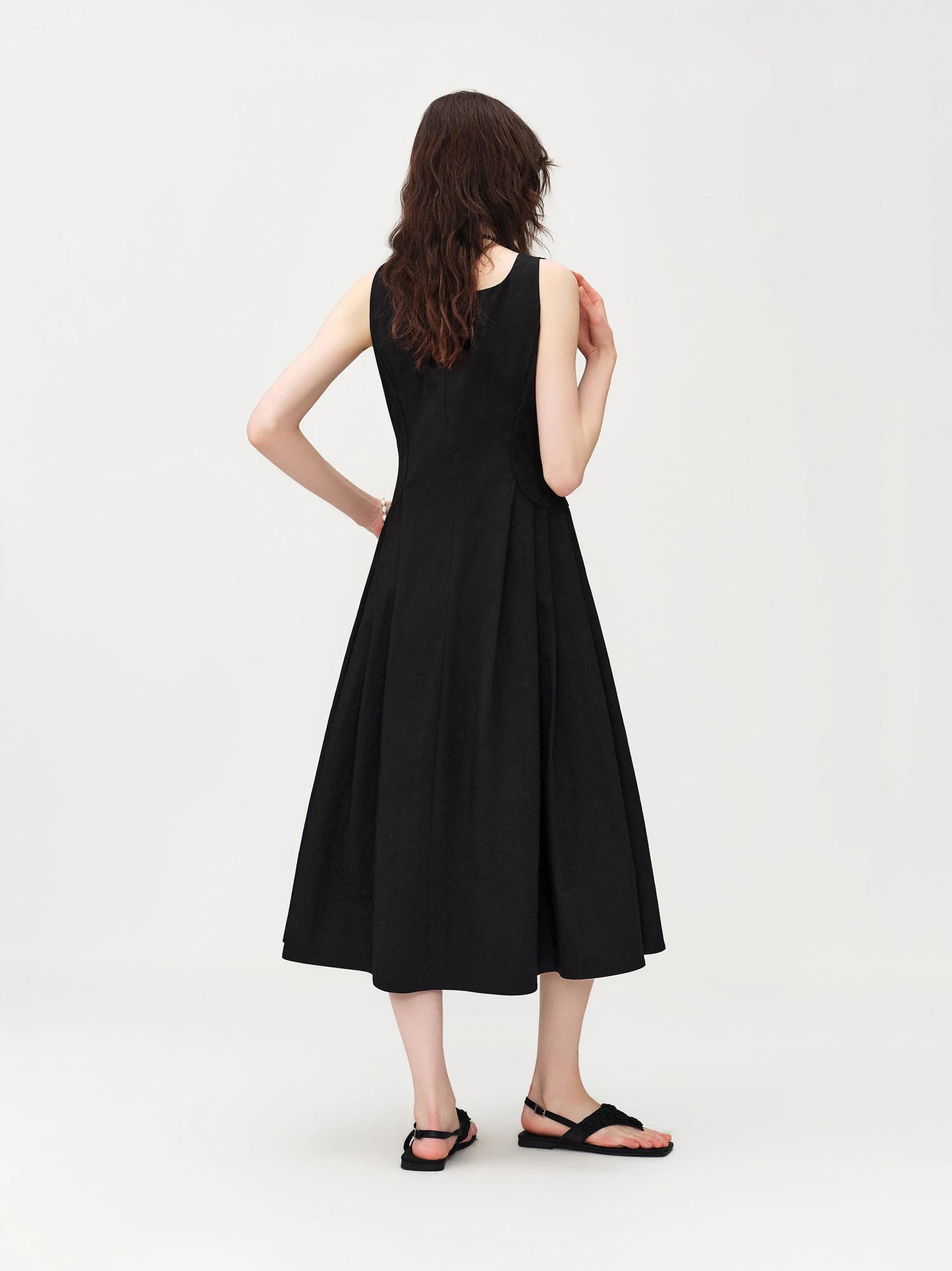 Black Square Neck A-Line Midi Dress