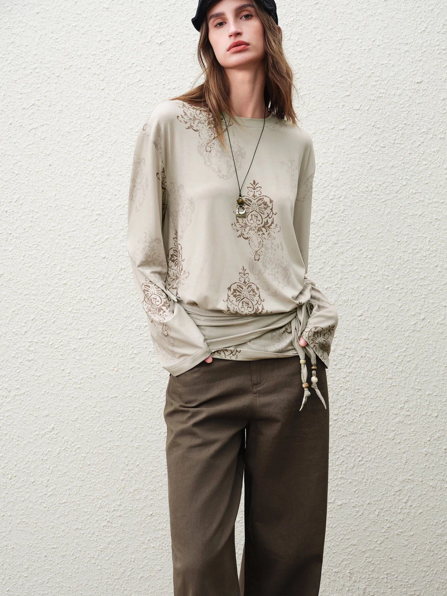 Taupe Jacquard Mandarin Collar Blouse