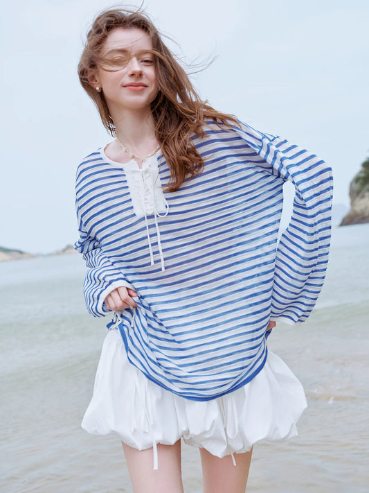 Blue Striped Lace Placket Oversized Shirt