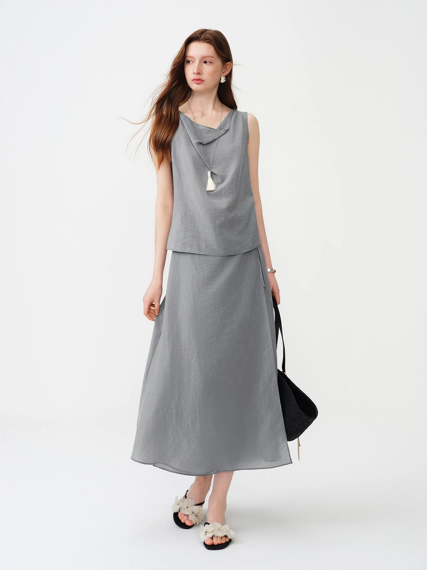 Ivory Draped Sleeveless Midi Dress