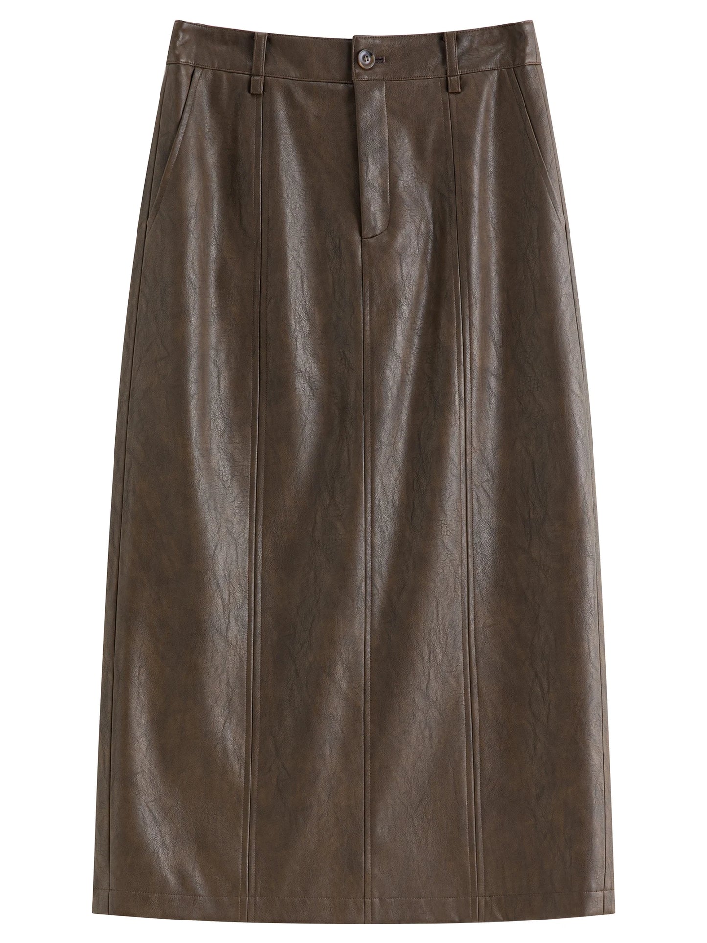 Brown Faux Leather Straight Midi Skirt