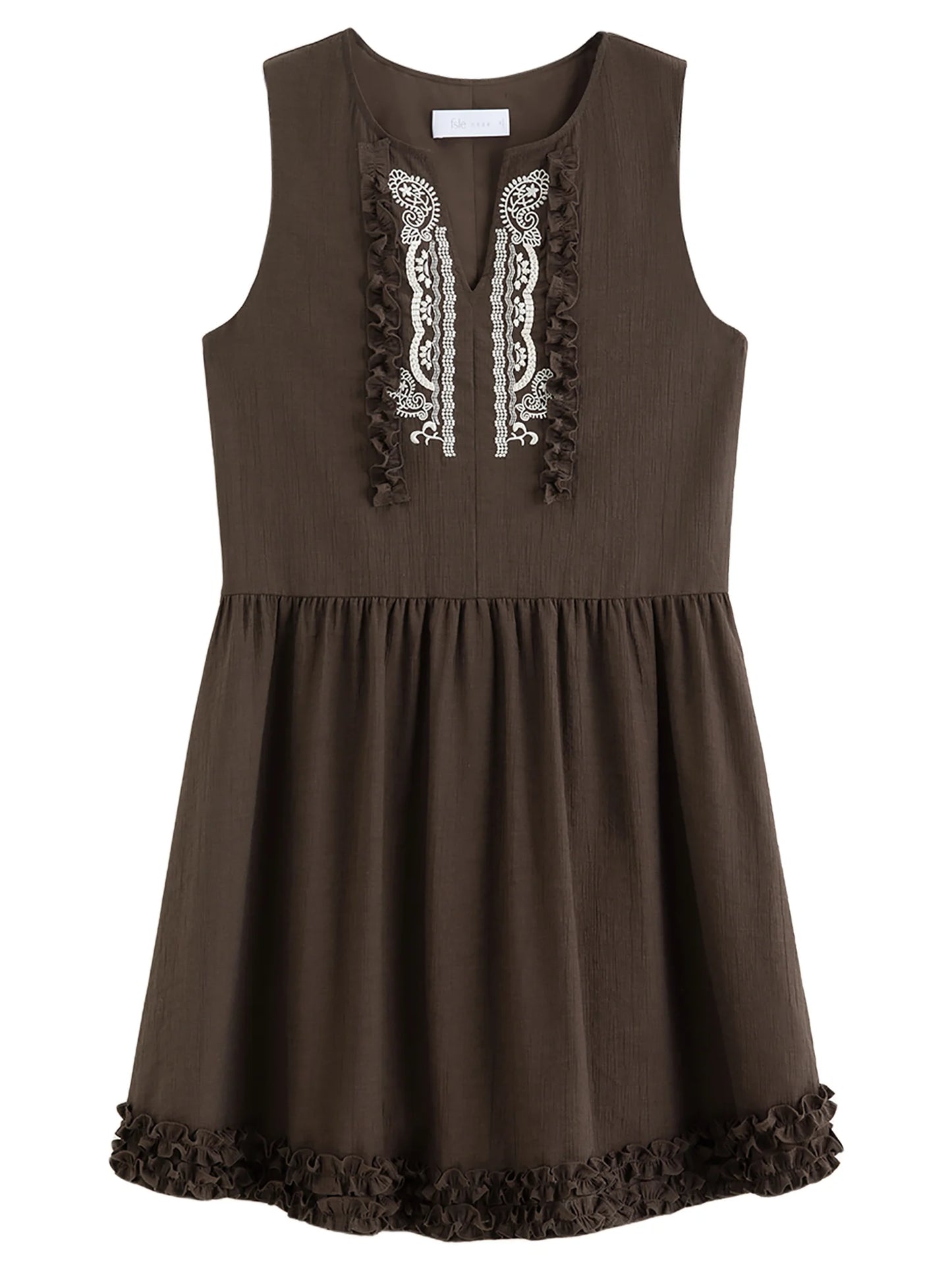 Brown Embroidered Sleeveless Mini Dress