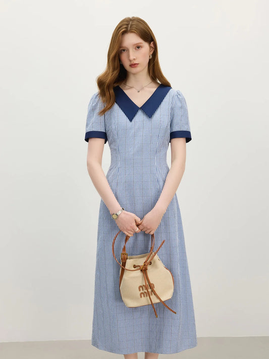 Blue Stripe Contrast Collar Midi Dress