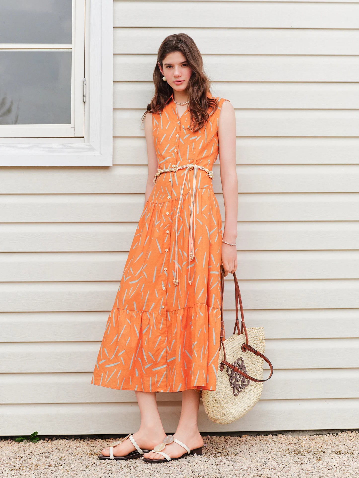 Orange Abstract Print Shirt Midi Dress