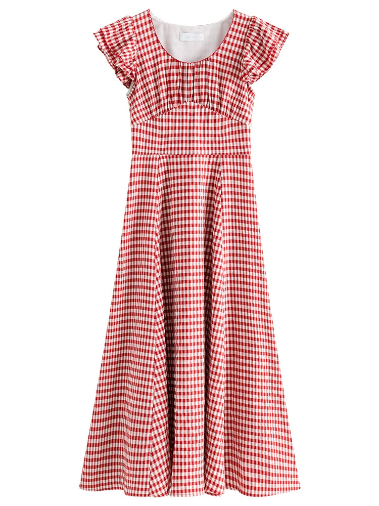 Red Gingham Ruffle Sleeve Midi Dress