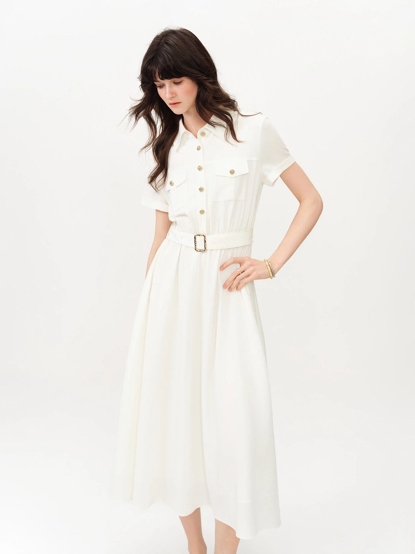 White Belted Shirt Midi Dress