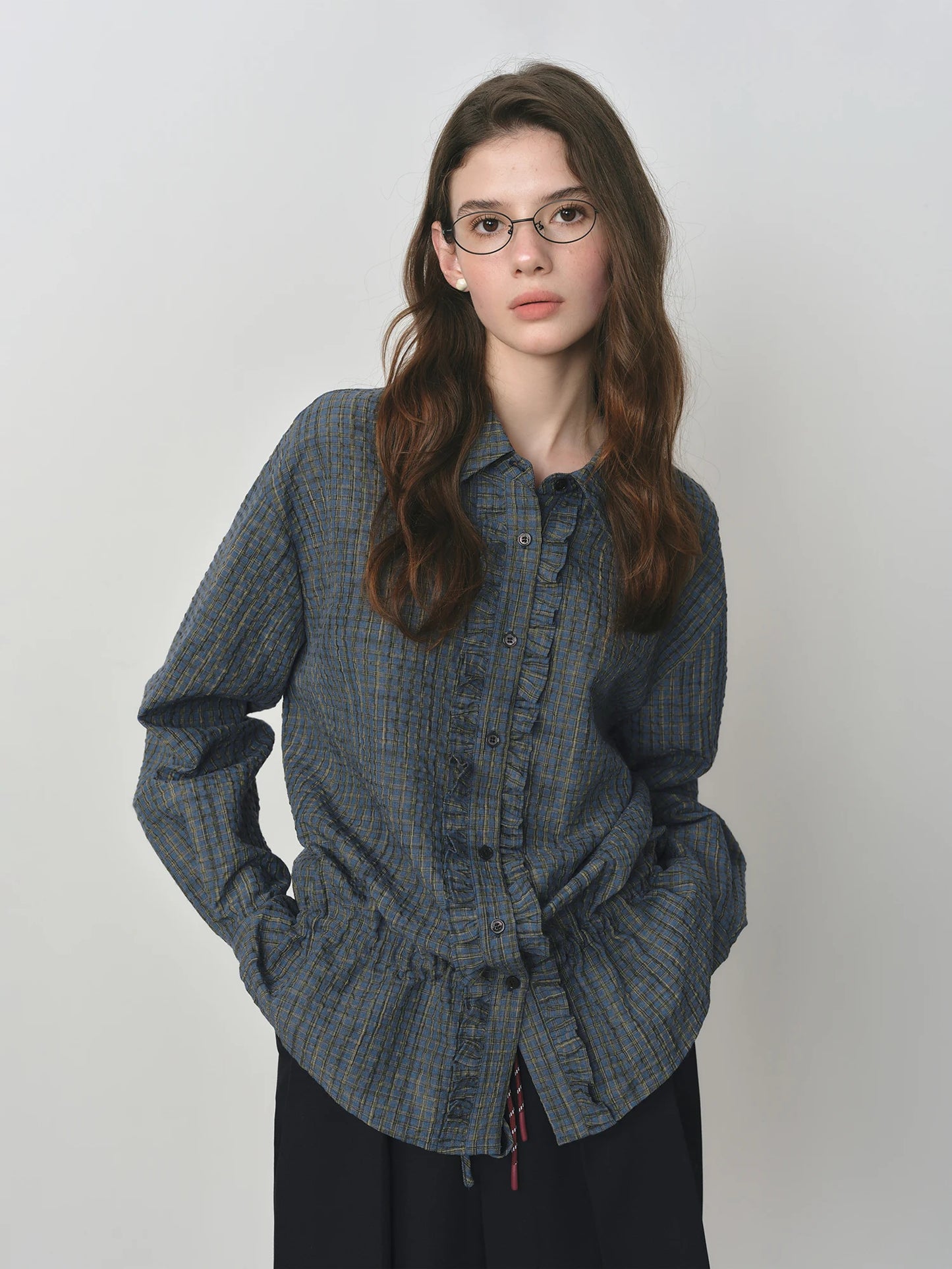 Charcoal Ruffle Front Textured Blouse