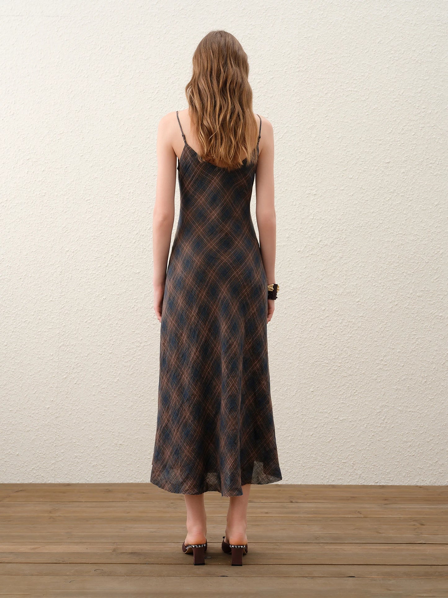 Brown Plaid Slip Midi Dress