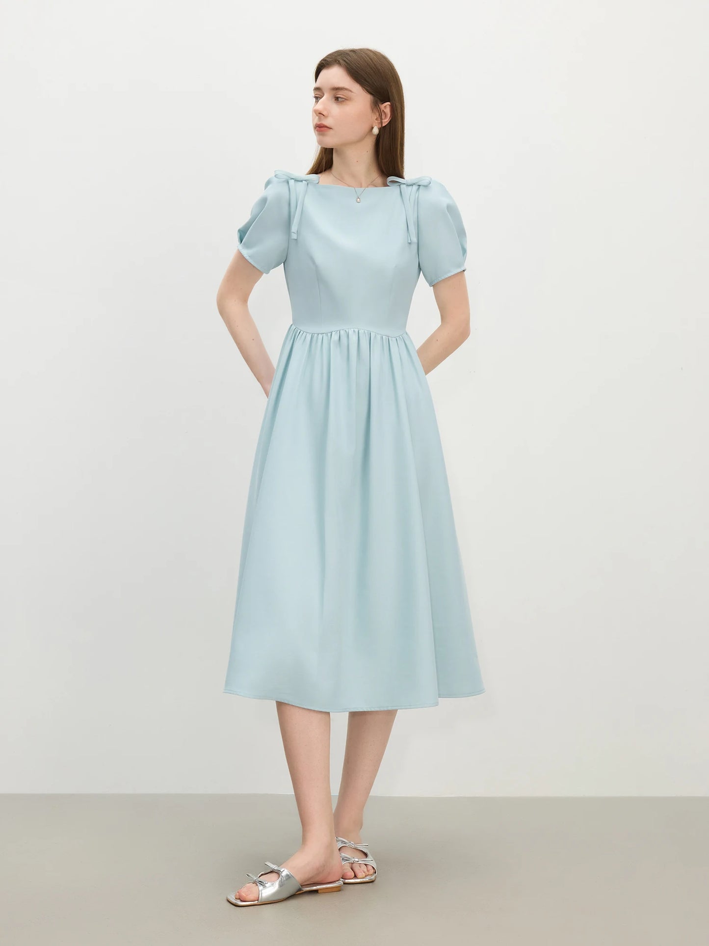 Pale Blue Puff Sleeve Midi Dress