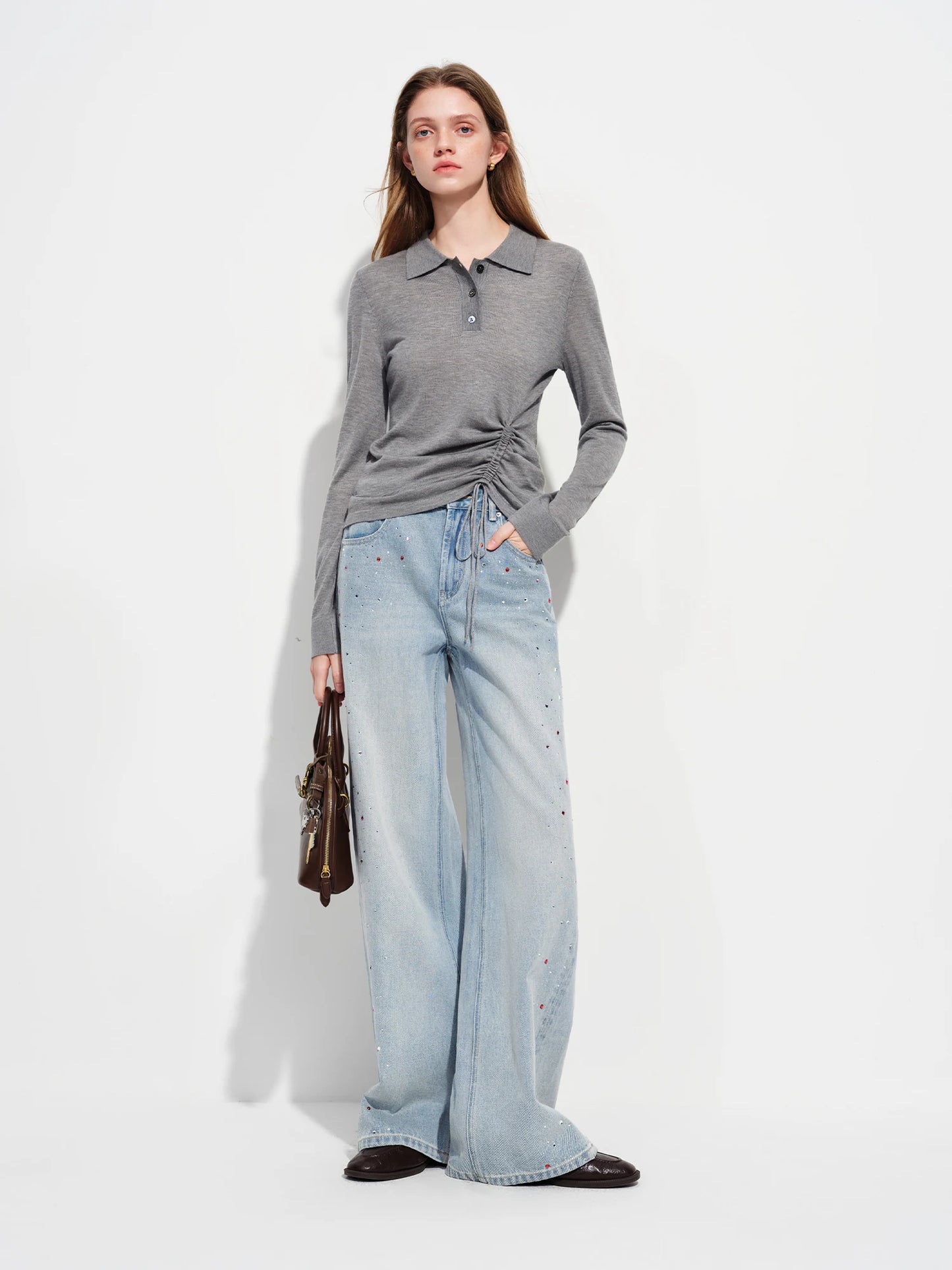 Light Wash Beaded Wide Leg Jeans