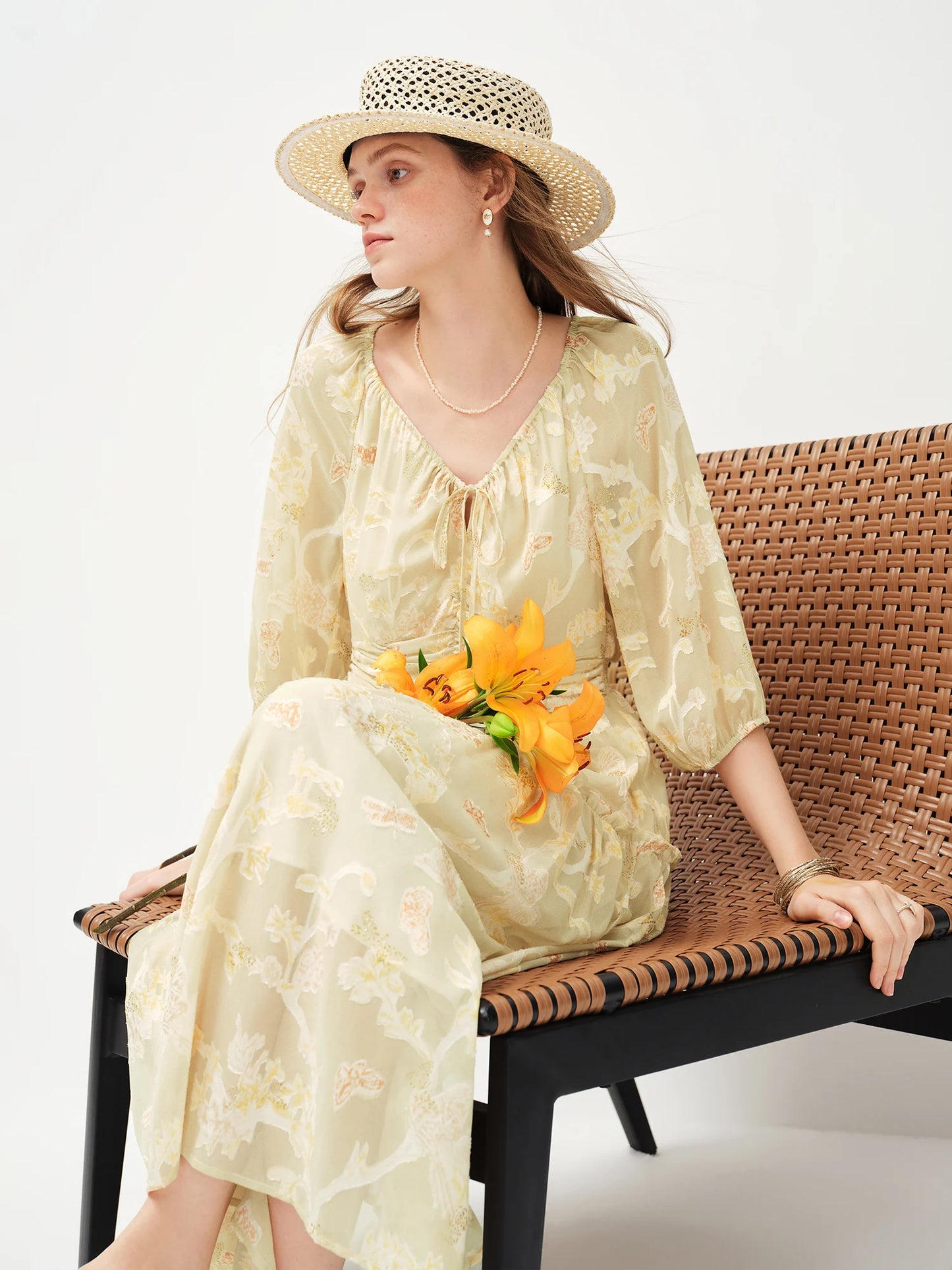 Butter Yellow Floral Puff Sleeve Maxi Dress