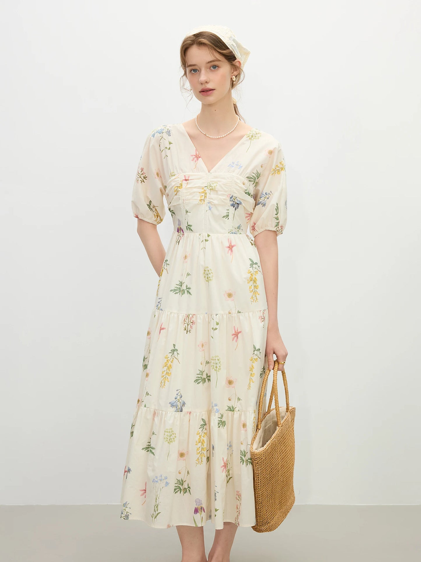 Ivory Floral V-Neck Midi Dress