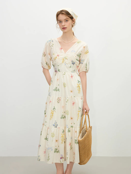 Ivory Floral V-Neck Midi Dress
