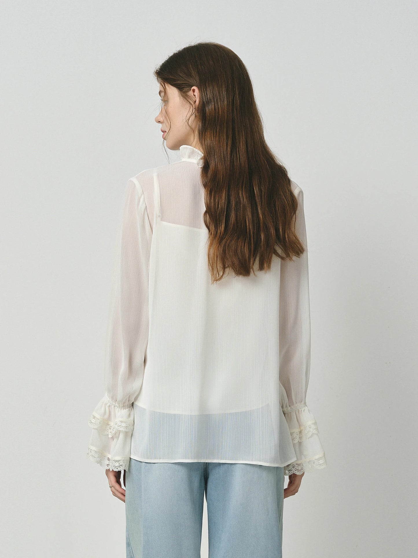 Ivory Bow Neck Lace Cuff Blouse