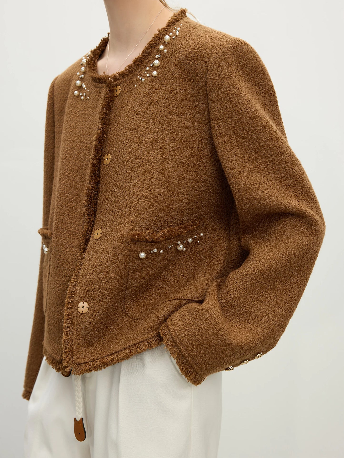 Camel Beaded Tweed Jacket