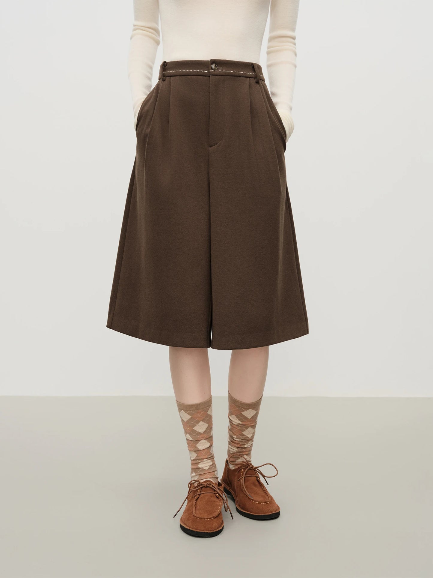 Brown Wide Leg Bermuda Shorts
