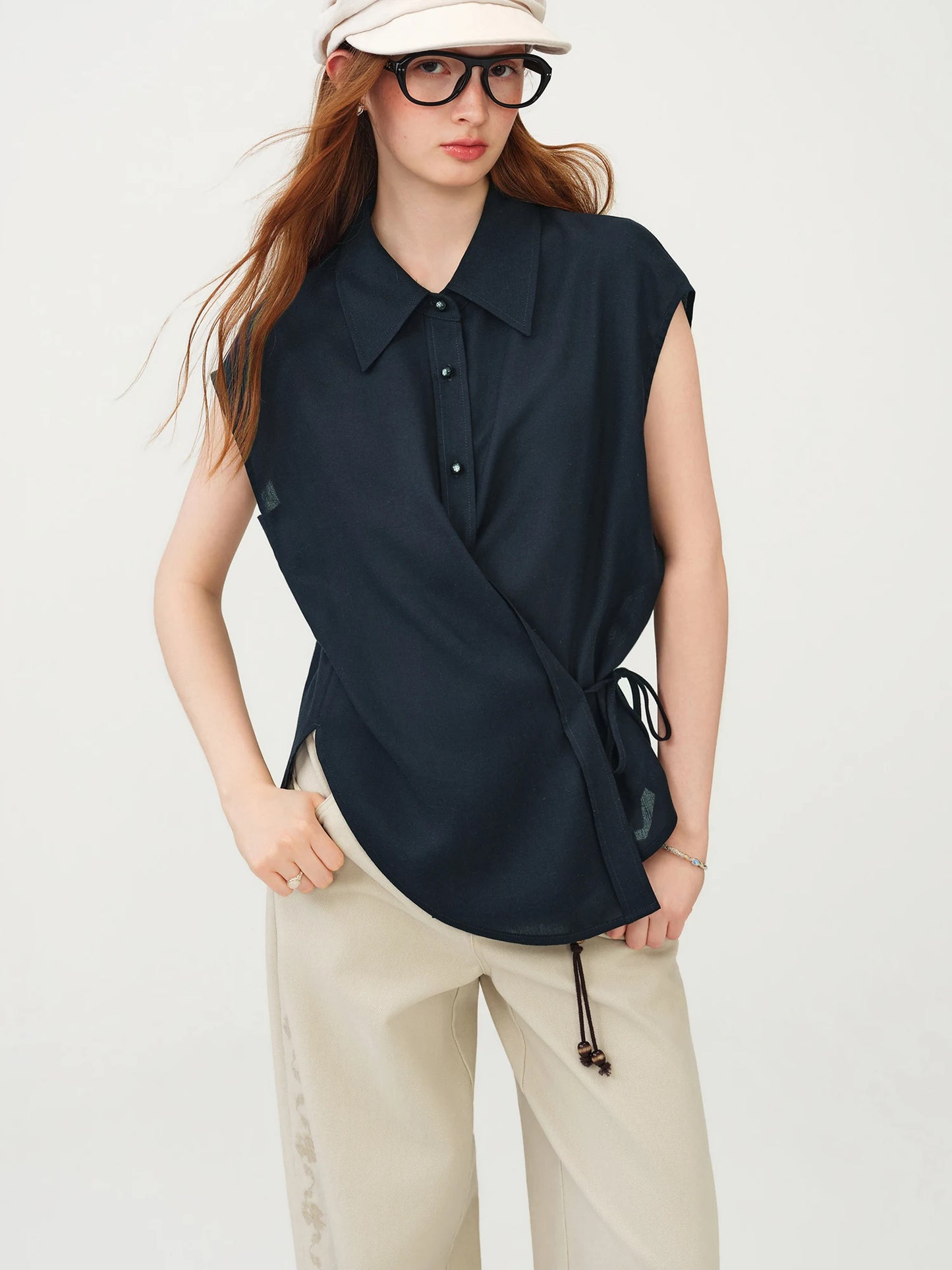 Ivory Linen Belted Sleeveless Shirt
