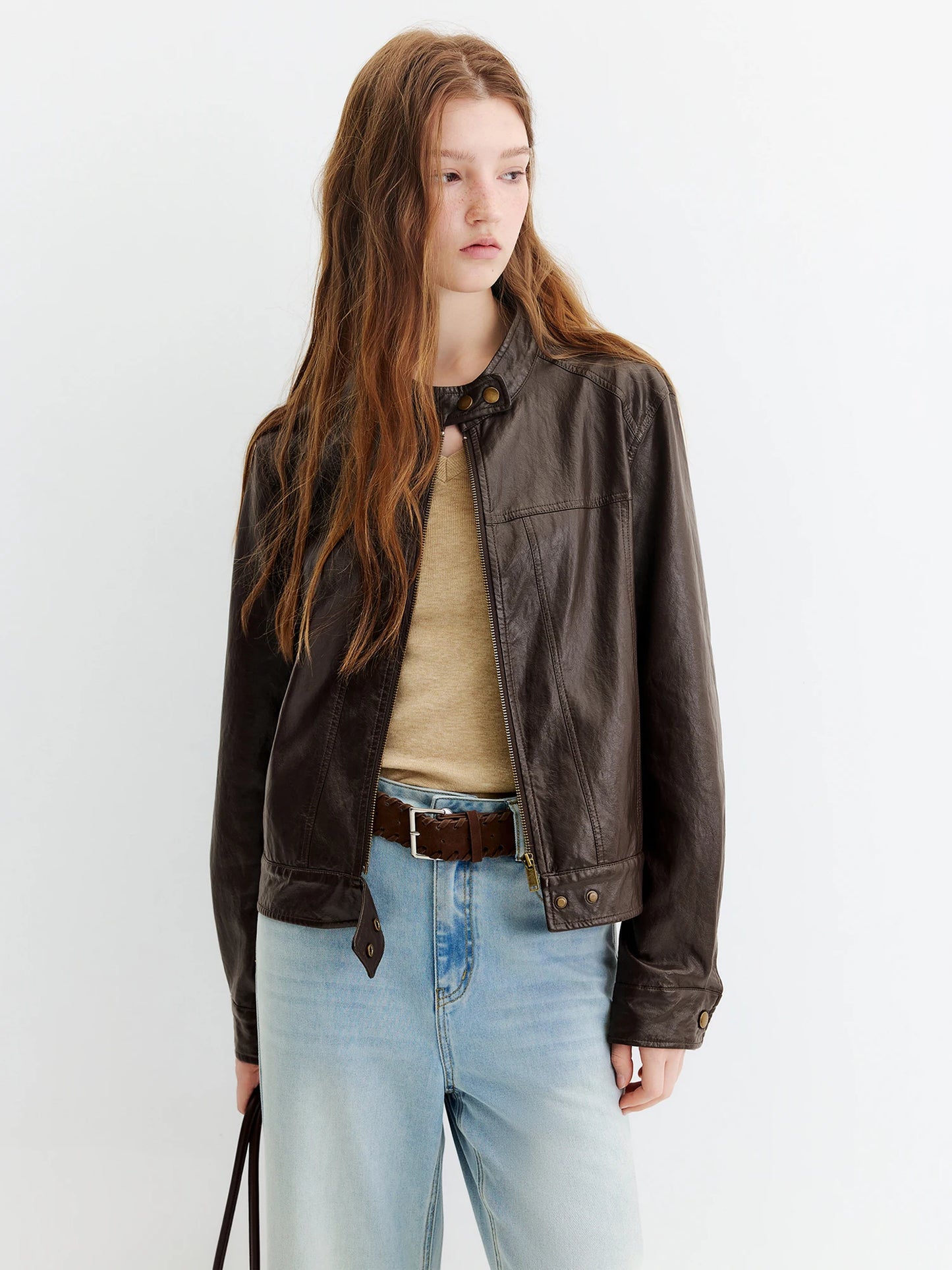 Dark Brown Stand Collar Leather Jacket
