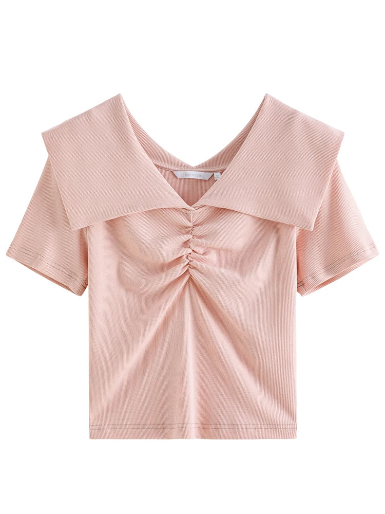 Blush Ruched Sailor Collar Knit Top