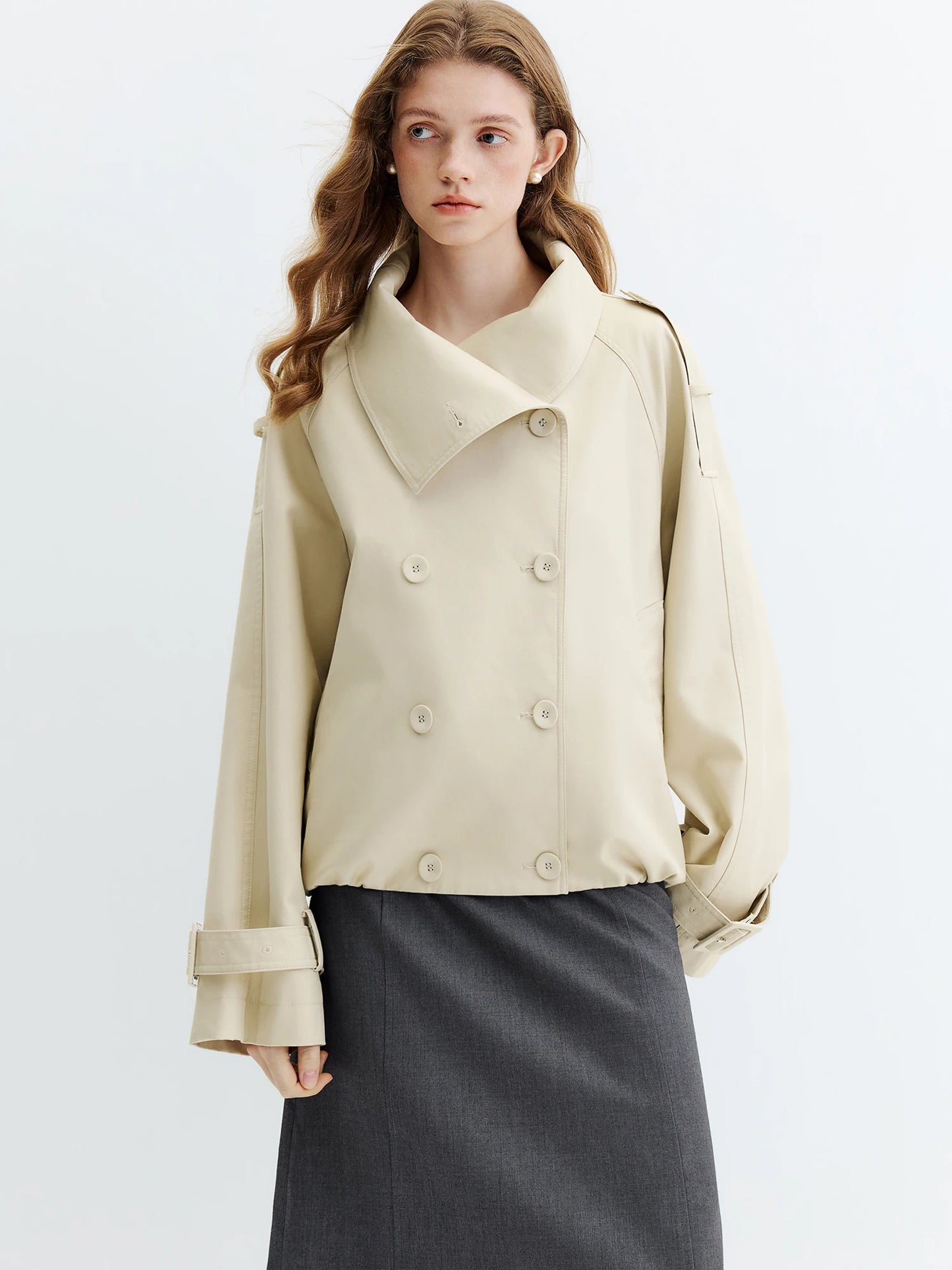 Khaki Double Breasted Cropped Trench Jacket