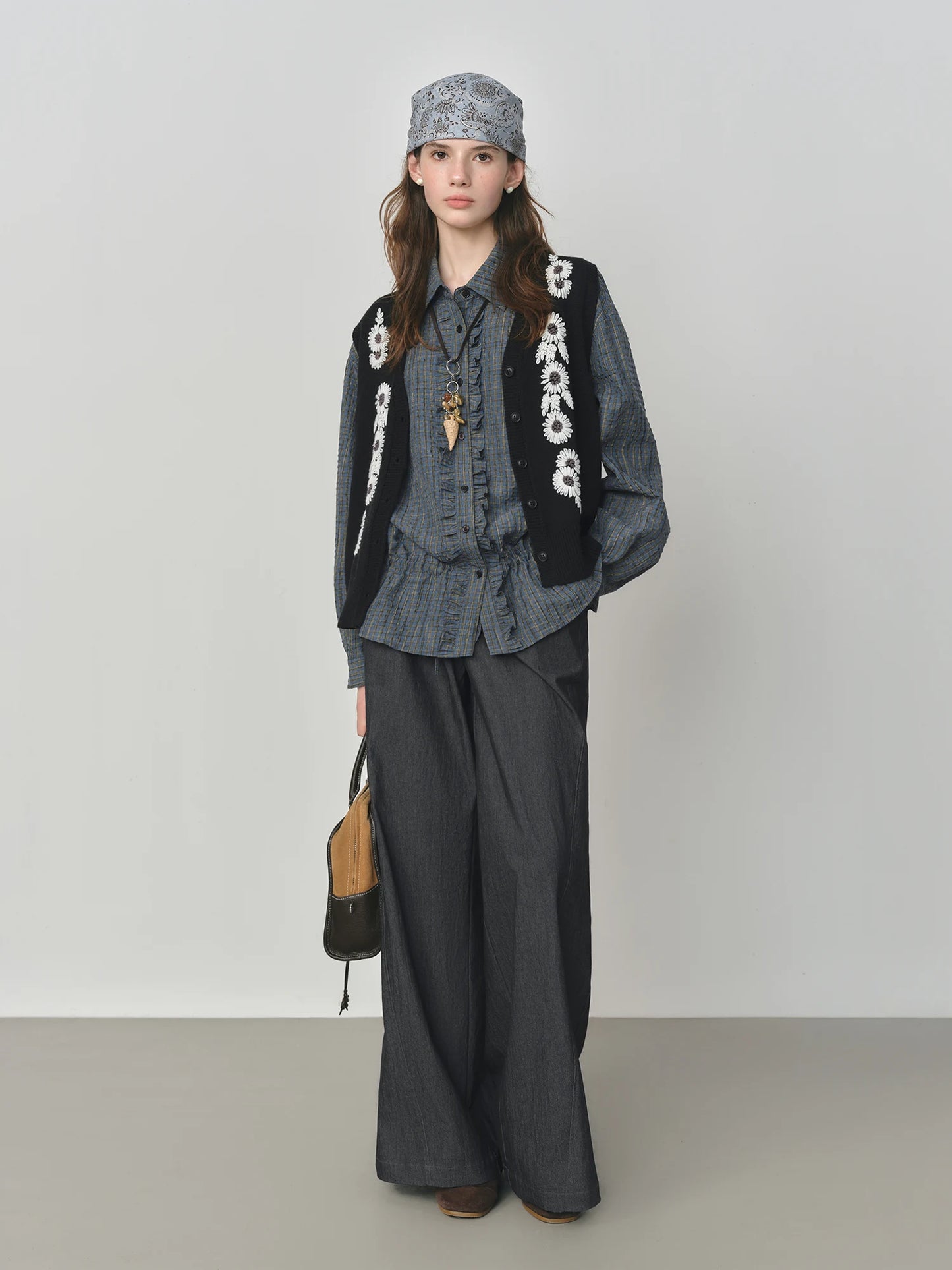 Charcoal Ruffle Front Textured Blouse