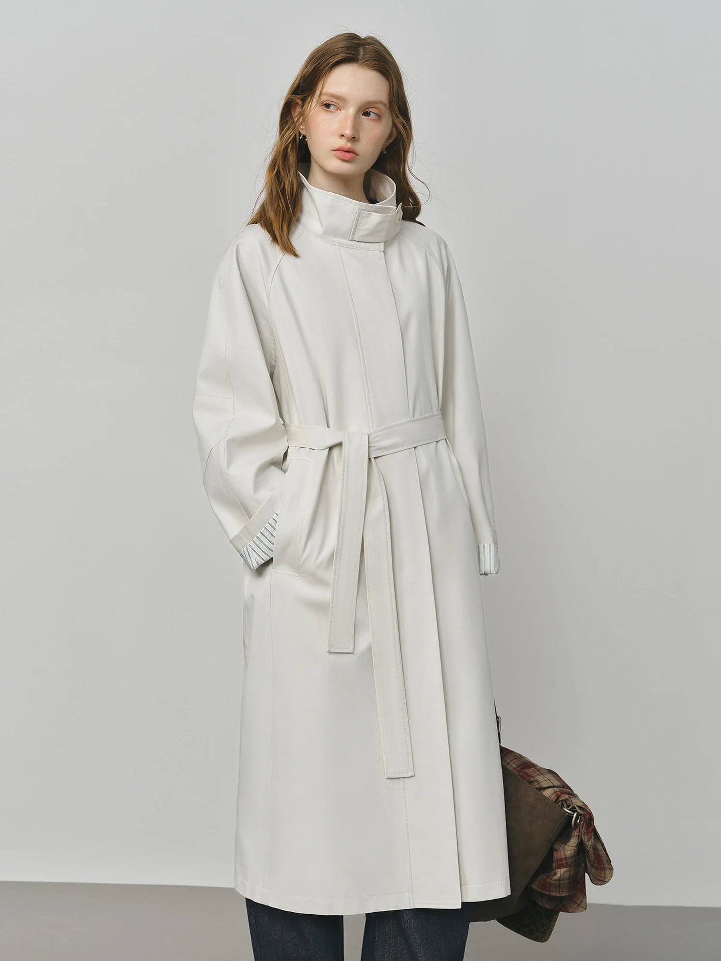 Light Grey Stand Collar Belted Trench