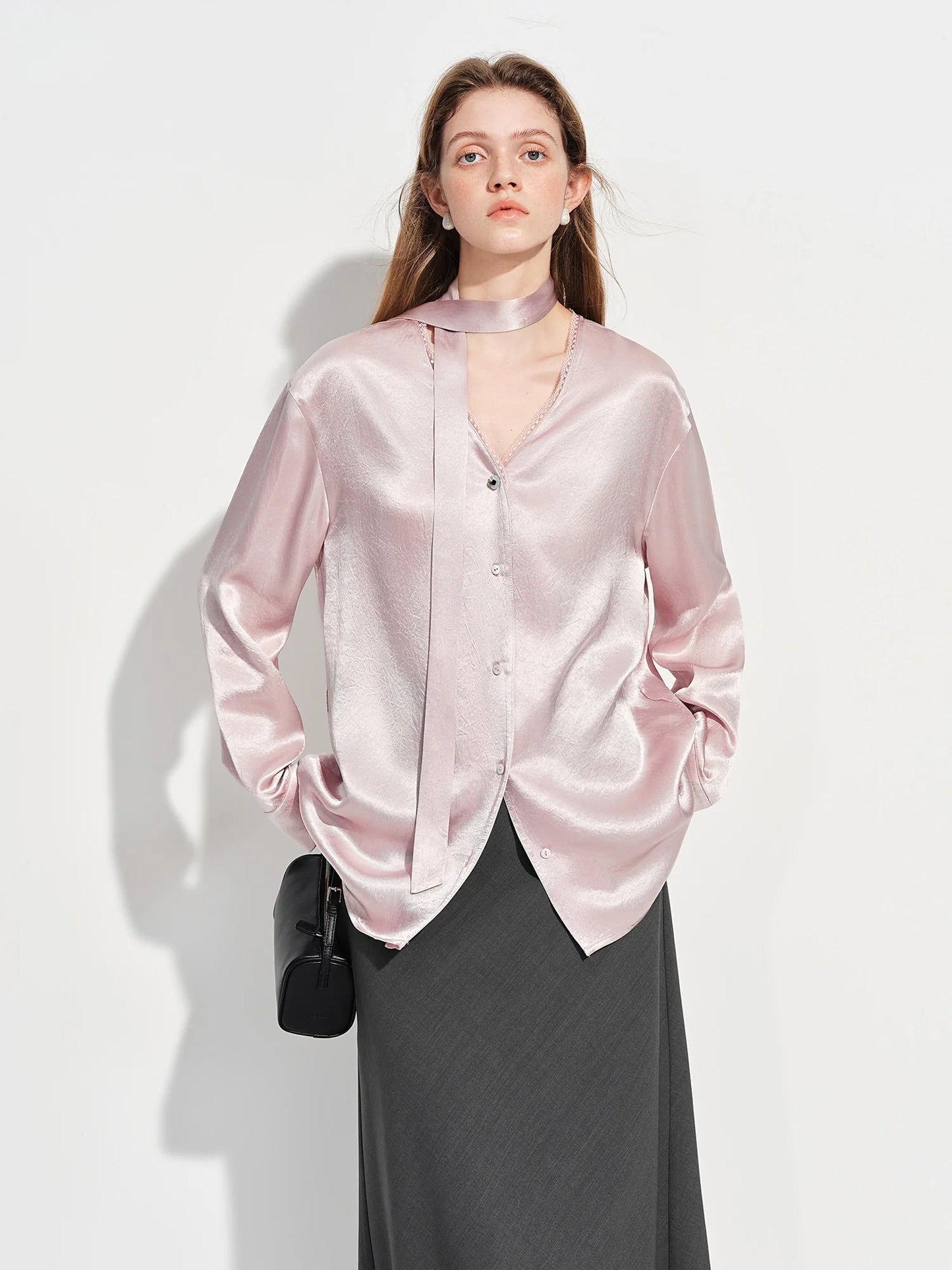 Blush Satin Bow Neck Blouse