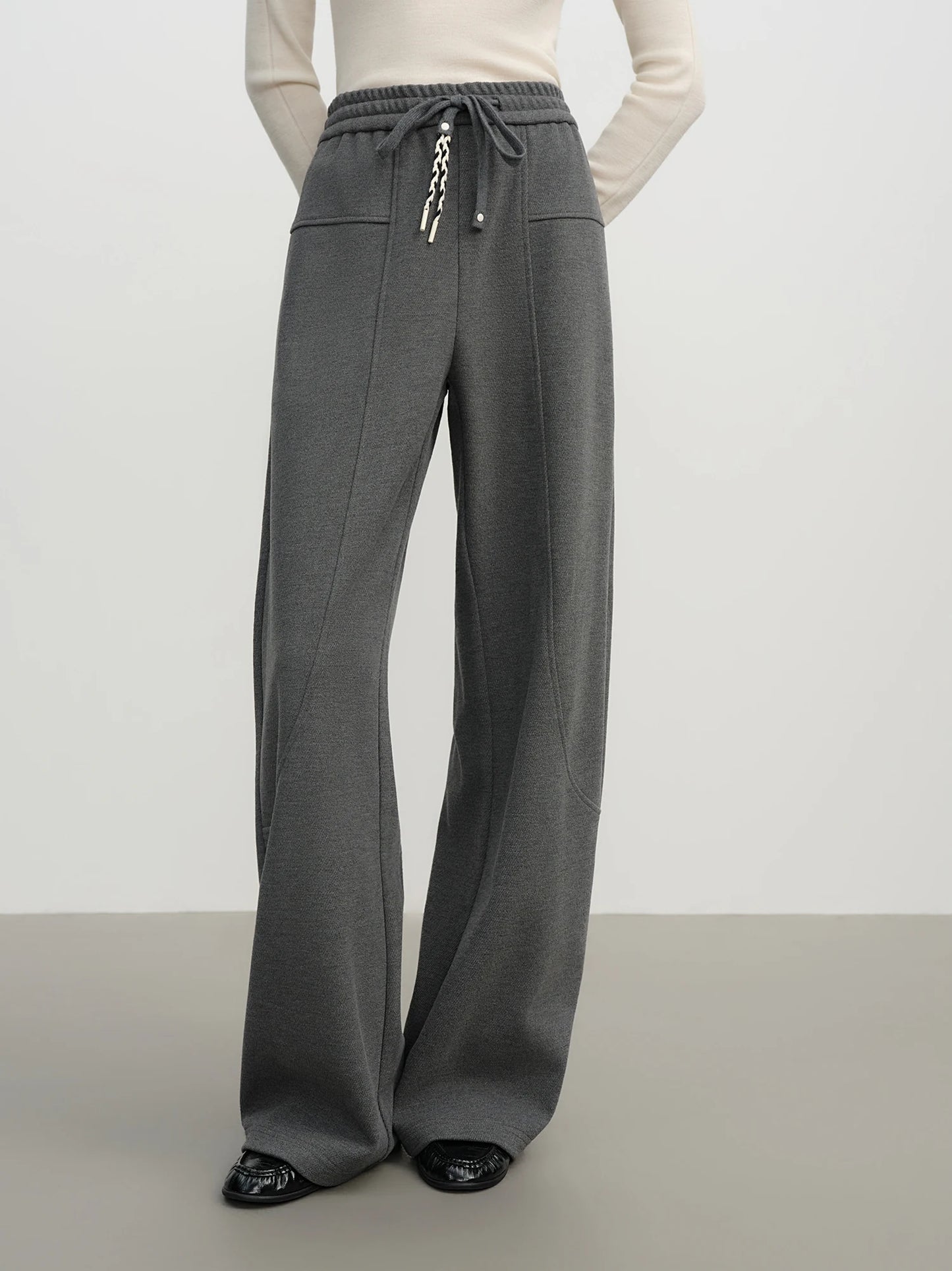 Black Drawstring Knit Wide Leg Pants